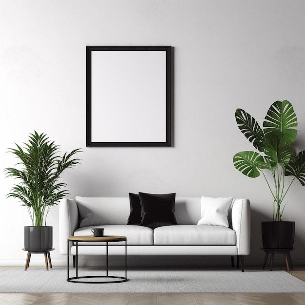 Uma sala de estar com um sofá e uma planta na parede