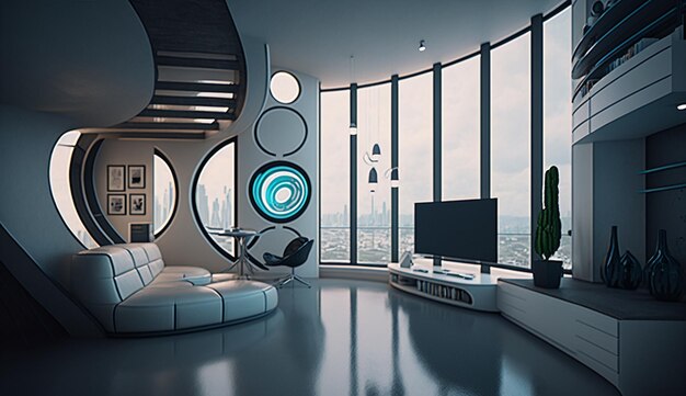 Uma sala de estar com um sofá e uma tv na parede