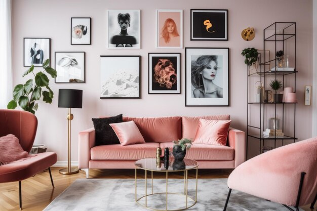 Uma sala de estar com um sofá rosa e cadeiras Imagem generativa de IA