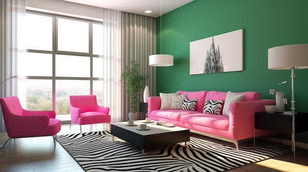 Uma sala de estar com um sofá rosa e uma imagem ai generativa de tapete com estampa de zebra