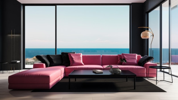Uma sala de estar com um sofá rosa e uma mesa de centro Imagem generativa de IA
