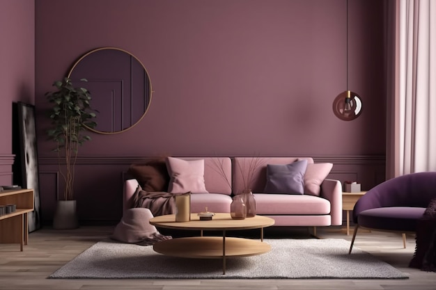 Uma sala de estar com um sofá rosa e uma mesa de centro redonda.