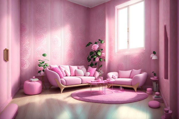 Uma sala de estar com um sofá rosa e uma mesa de centro.