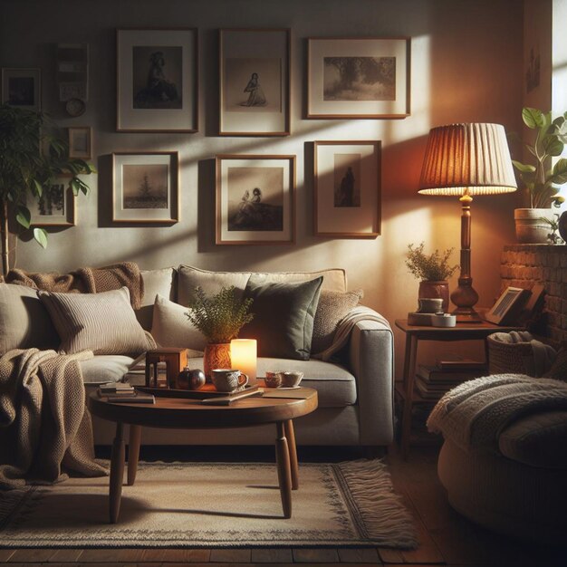 uma sala de estar com um sofá, uma lâmpada e uma mesa de café