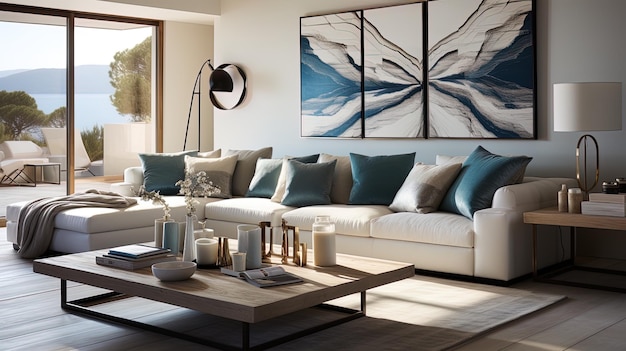 Foto uma sala de estar com um sofá, uma lâmpada e uma pintura na parede