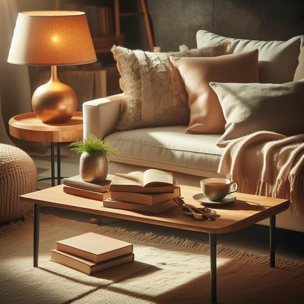 uma sala de estar com um sofá, uma mesa de café e uma lâmpada