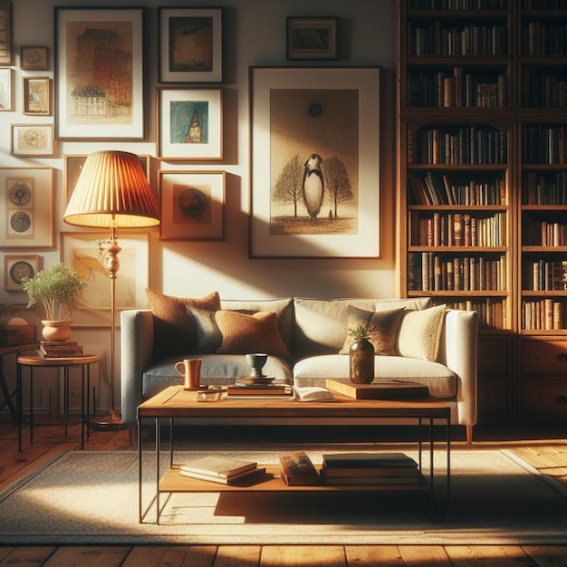 uma sala de estar com um sofá, uma mesa de café e uma lâmpada