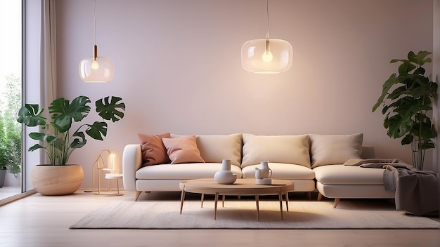 Uma sala de estar com um sofá, uma mesa de café, plantas de tapete e duas luzes penduradas
