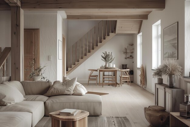 uma sala de estar com um sofá, uma mesa e uma planta na mesa