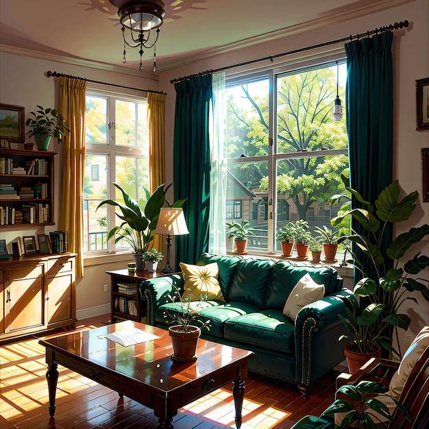 Uma sala de estar com um sofá verde e uma mesa de centro com uma planta.