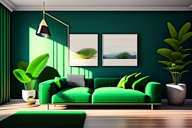 Uma sala de estar com um sofá verde e uma planta verde.