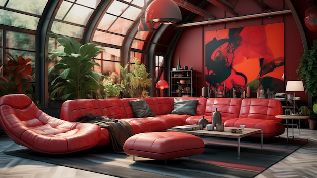 uma sala de estar com um sofá vermelho e uma grande pintura de um homem na parede
