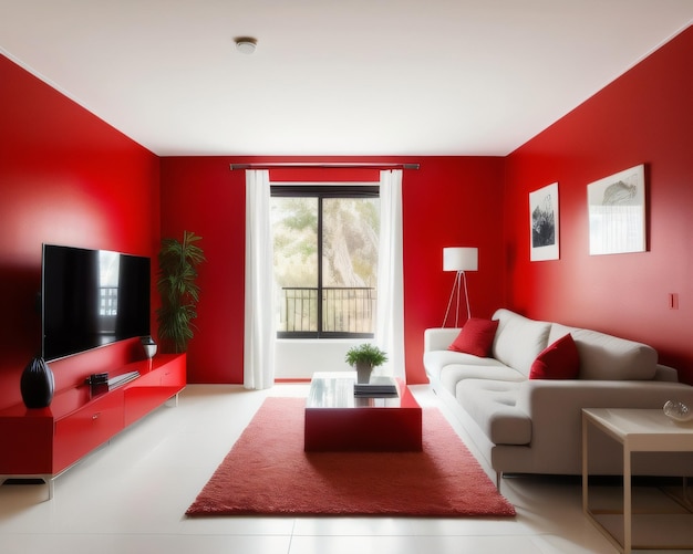 Uma sala de estar com um tapete vermelho e um sofá branco