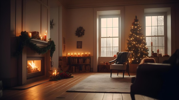 Foto uma sala de estar com uma árvore de natal e uma lareira com uma vela acesa.