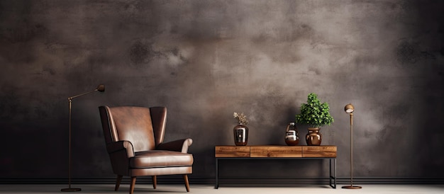 uma sala de estar com uma cadeira de couro marrom e uma mesa com plantas