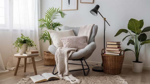 uma sala de estar com uma cadeira e uma planta no chão