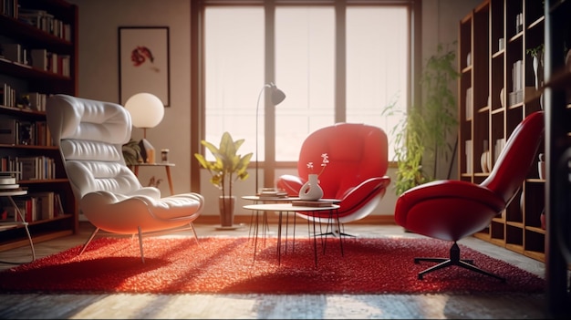 Uma sala de estar com uma cadeira vermelha e uma cadeira branca IA generativa
