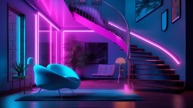 Uma sala de estar com uma escada em espiral e uma luz roxa.