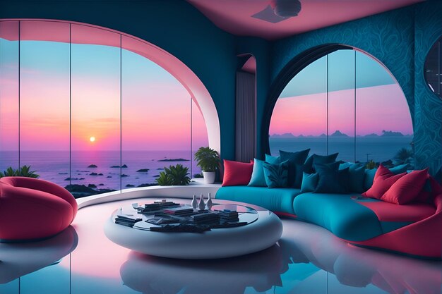 Uma sala de estar com uma grande janela com uma cena colorida.