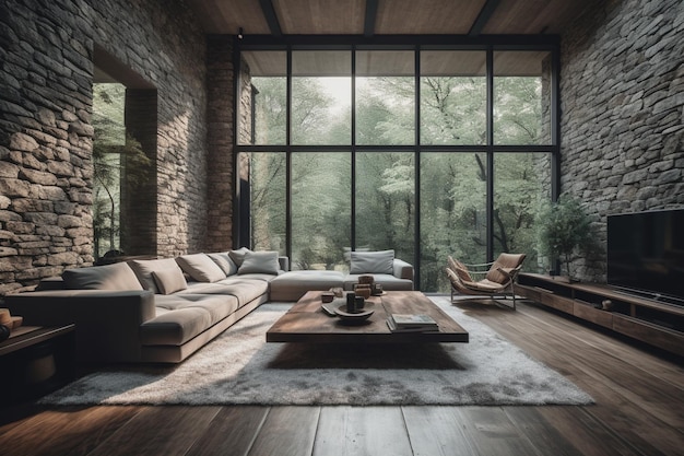 Uma sala de estar com uma grande janela com vista para a floresta.