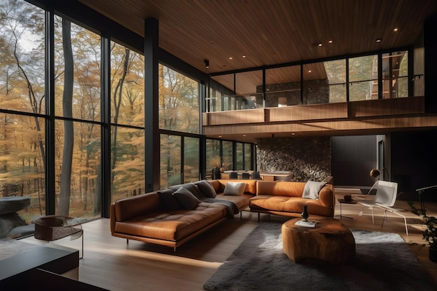 Uma sala de estar com uma grande janela com vista para as árvores do lado de fora.