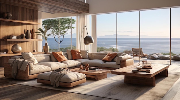 uma sala de estar com uma grande janela com vista para o oceano