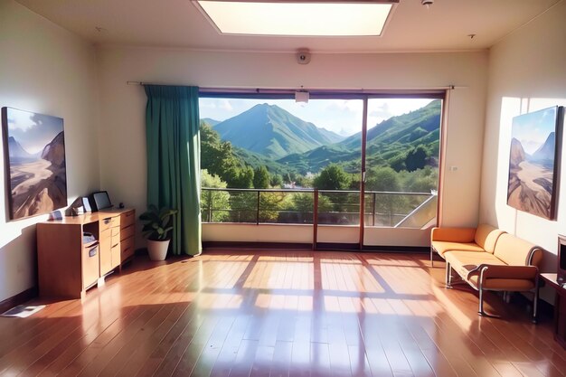 Foto uma sala de estar com uma grande janela com vista para uma montanha.