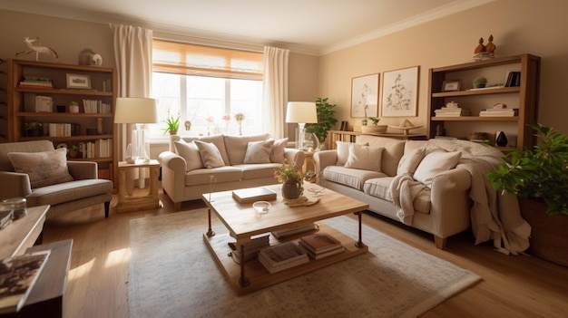 Uma sala de estar com uma grande janela e um sofá com mesa e cadeiras.