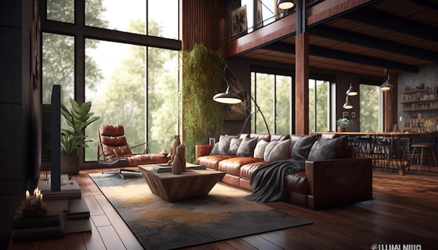Uma sala de estar com uma grande janela e um sofá com um candeeiro.
