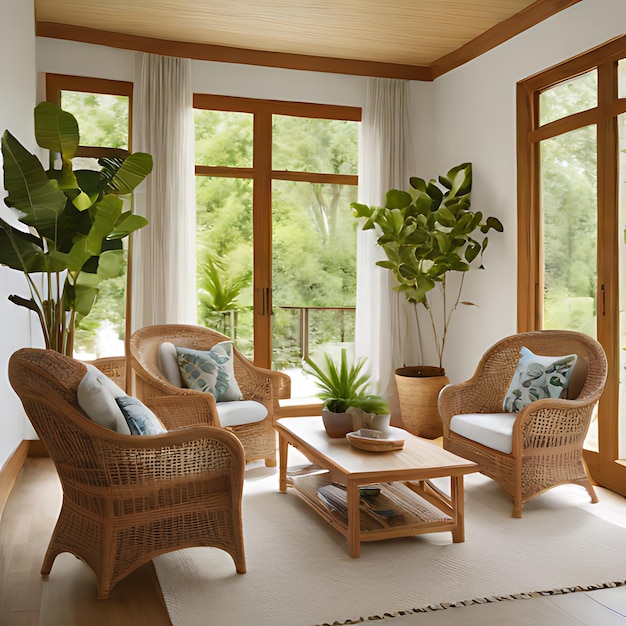 uma sala de estar com uma grande janela e uma planta na mesa