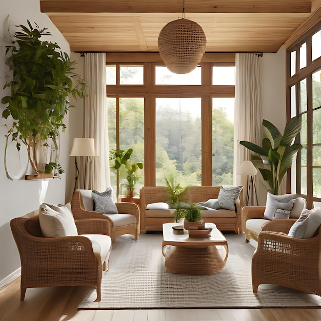uma sala de estar com uma grande janela e uma planta na mesa