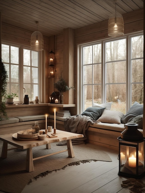 Uma sala de estar com uma grande janela que tem uma mesa de madeira e um candeeiro que diz 'casa'
