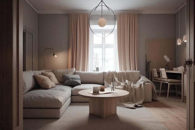 Uma sala de estar com uma grande mesa branca e uma grande luminária pendurada no teto.