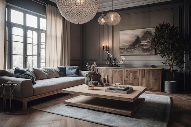 Uma sala de estar com uma grande mesa de madeira e um grande lustre acima dela.