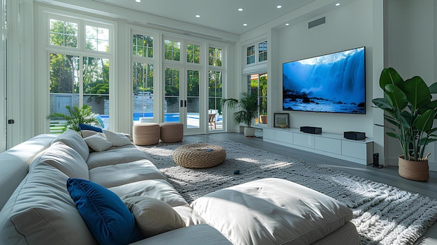 Uma sala de estar com uma grande tela de televisão e um sofá na frente de uma grande janela com uma cachoeira nele