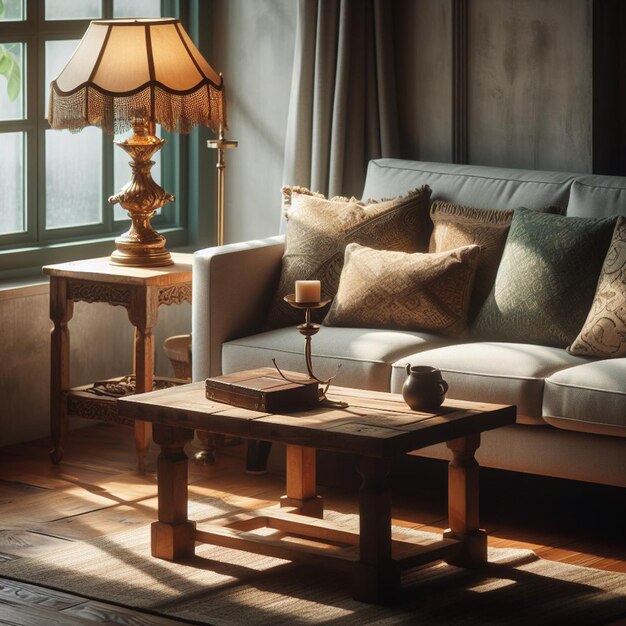 uma sala de estar com uma lâmpada de sofá e uma mesa com uma lâmpara nela