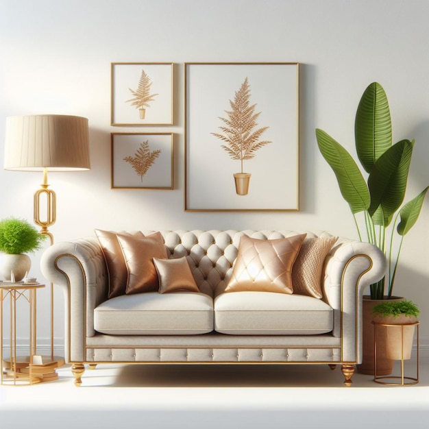 uma sala de estar com uma lâmpada de sofá e uma planta em uma panela