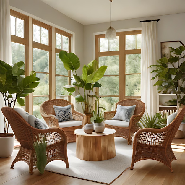 uma sala de estar com uma mesa, cadeiras e plantas