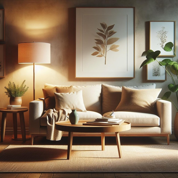 uma sala de estar com uma mesa de café sofá e uma planta na parede