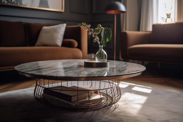 Uma sala de estar com uma mesa de centro redonda com uma planta em um vaso em cima.