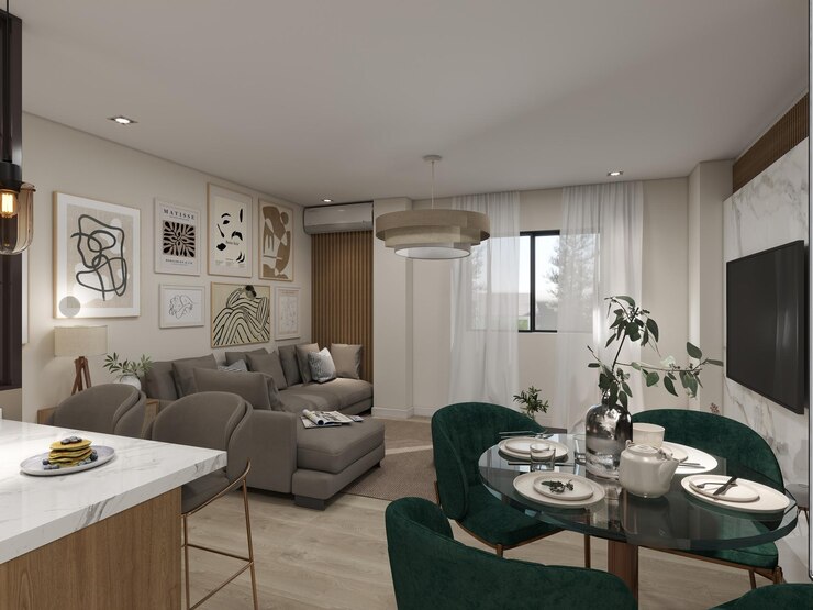 Foto uma sala de estar com uma mesa e cadeiras e uma mesa com pratos e imagens
