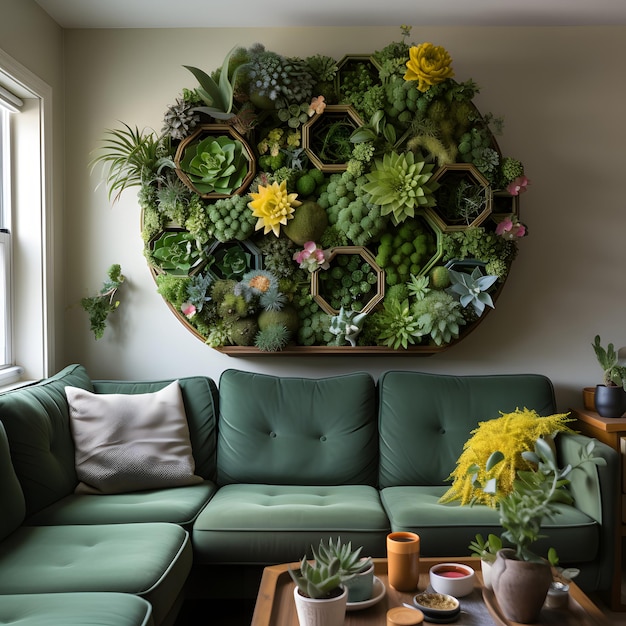 Uma sala de estar com uma parede A GREEN WALL uma decoração de parede