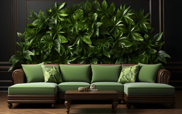 Uma sala de estar com uma parede a green wall uma decoração de parede