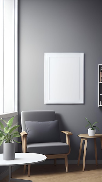 Uma sala de estar com uma parede cinza e um porta-retrato