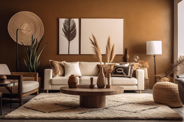 Uma sala de estar com uma parede marrom e um sofá branco com um sofá branco e uma mesa de centro com uma planta em cima.