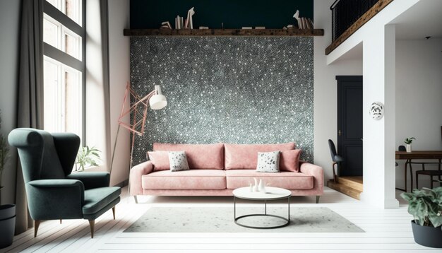 Uma sala de estar com uma parede verde e um sofá rosa.