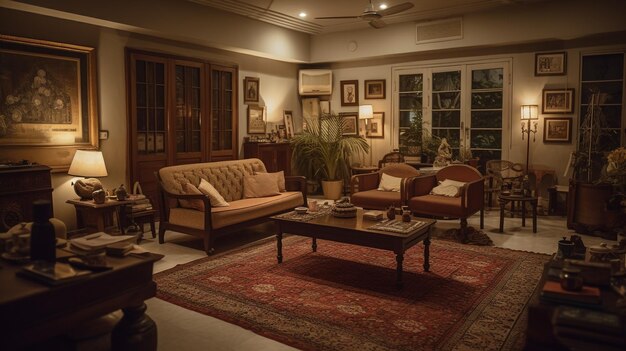 Uma sala de estar com uma parede vermelha e um sofá vermelho com uma mesa com estátuas chinesas