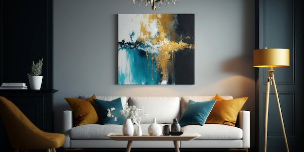 Uma sala de estar com uma pintura na parede que diz 'azul e dourado'