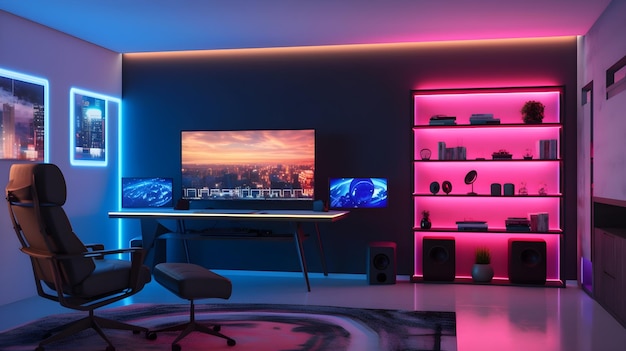 Uma sala de estar com uma tv led rosa e um monitor grande que diz 'sala de jogos'