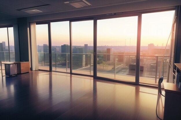 Uma sala de estar com vista para a cidade